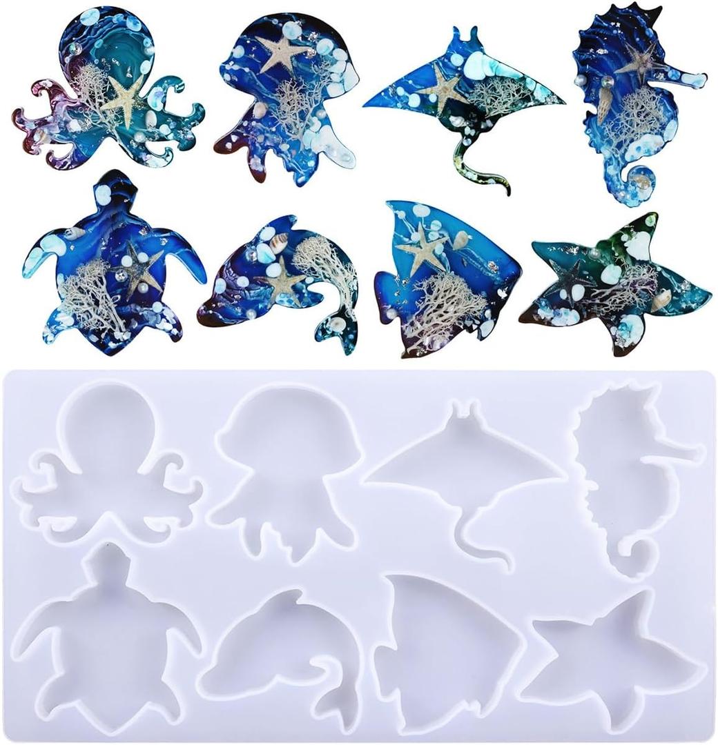 8 Style Seahorse Starfish Manta Clownfish Dolphin Jellyfish Octopus Turtle Pendant Epoxy Mold, DIY Resin Casting Silicone Mold, 7cm
