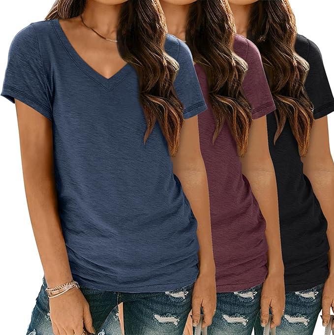 SUNBS 3 Pack Plain V Neck Tshirts for Women Summer Loose Fit Short Sleeve Long Fitted Casual Shirts Basic Tees L
