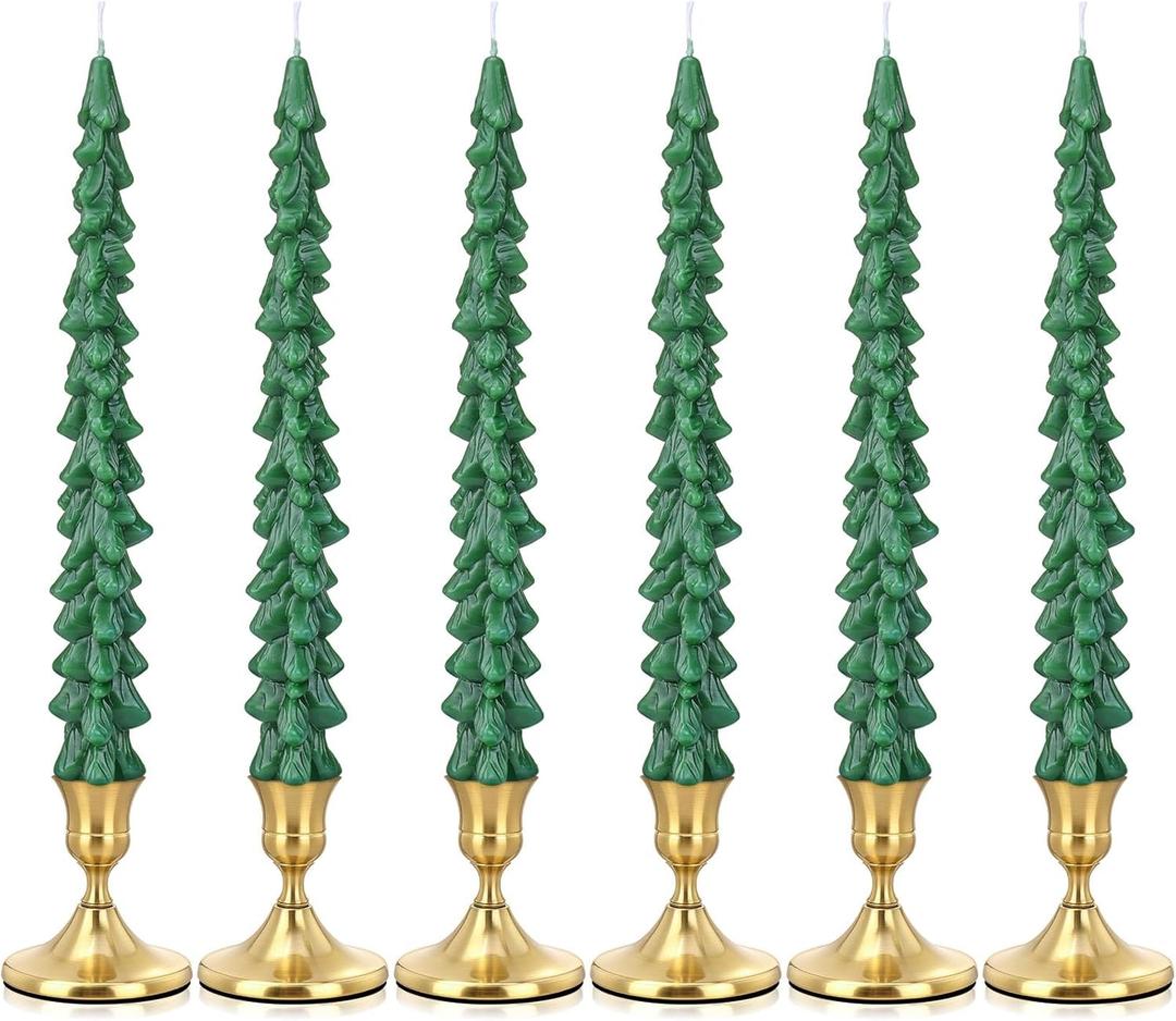 6 Set Christmas Tree Shaped Taper Candles with Holder 10 Inch Christmas Tree Shaped Candles Decorative Xmas Gifts for Centerpiece Decorations