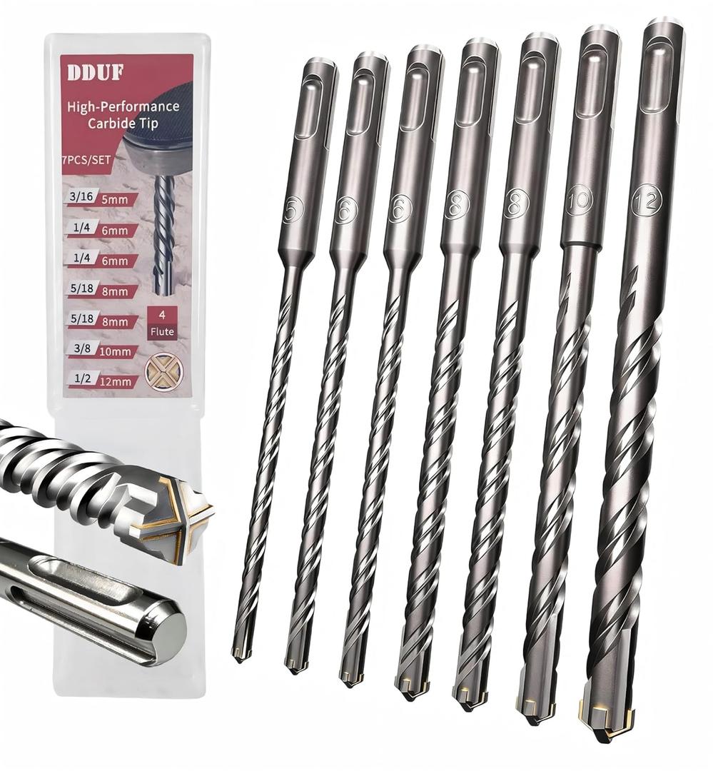 SDS Plus Masonry Drill Bit Set, 7pcs 6.3in (160mm) Rotary Hammer Drill Bits with Storage Case 4-Cutter Cross Tip Double Thread Tungsten Steel Concrete Drill Bit for Concrete, Brick, Stone, Walls