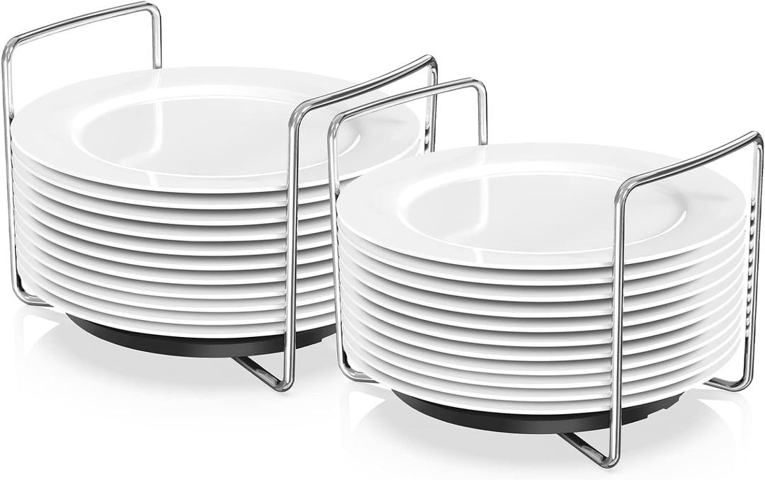 Plate Holder for Kitchen Drawer - Bamboo Dish Racks for Kitchen Counter, Stainless Steel Plate and Bowl Organizer for Cabinet, RV, Countertop (Black-2S)