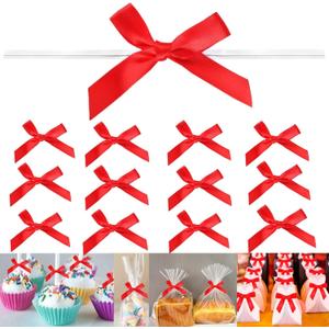 100 Pieces Red Bow Twist Ties for Bags, Satin Twist Tie Bows for Cake Pops, Twist Bows for Treats, Pre Tied Bows for Gifts Wrapping, Ribbon Bows, Pretied Bows Ties for Christmas Gift Wrap Bows