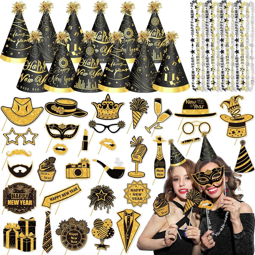 56 PCS New Years Eve Party Supplies 2026 Including Happy New Year Hats, Necklaces and New Year Photo Booth Props for New Year's Eve Party Favors (Photo Booth Props)