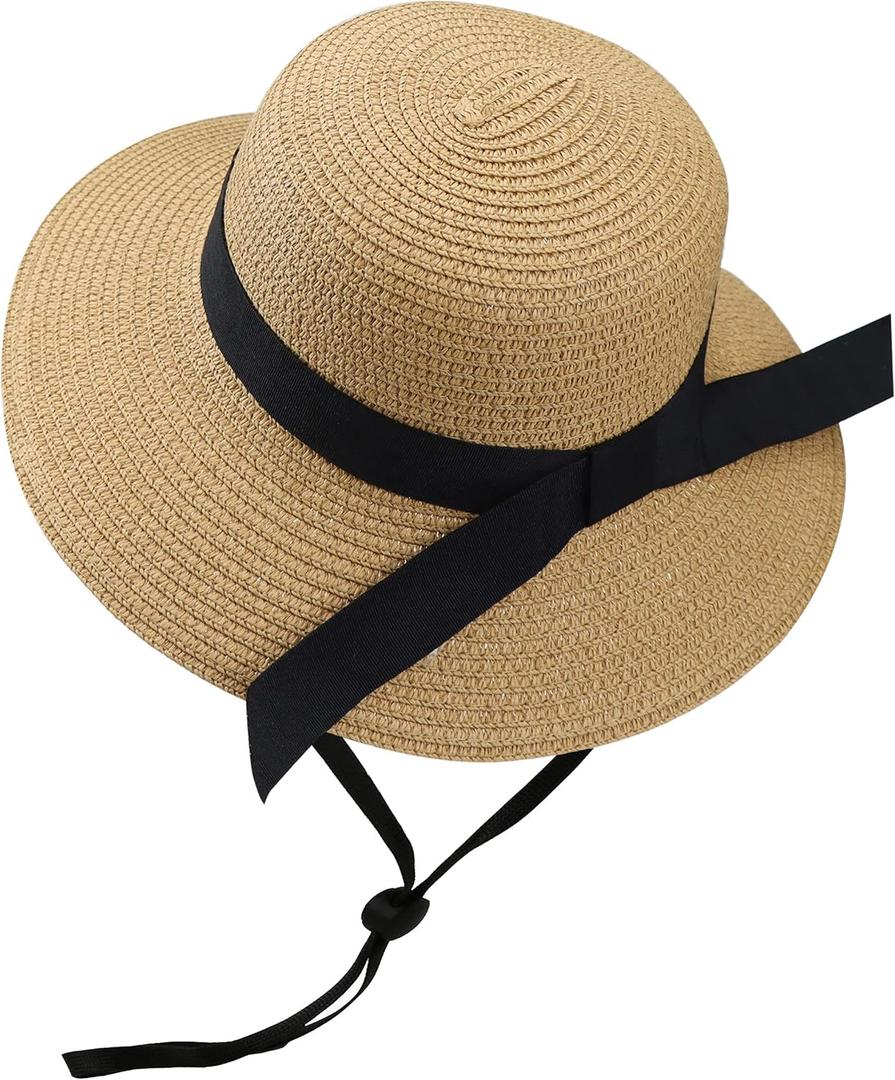Girls Wide-Brim Straw Sun-Hat for Summer Beach with Bow (5-9 Years, Khaki)