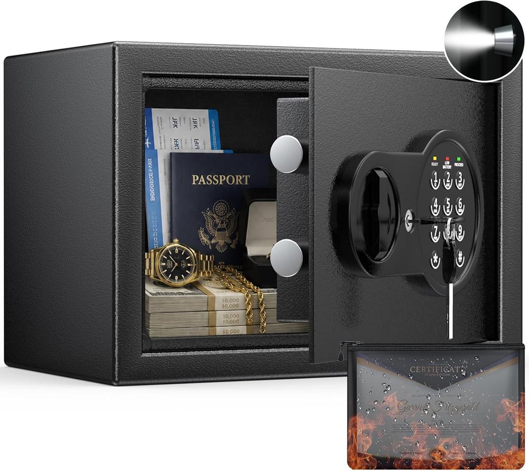 0.5 Cu Ft Mini Safe Box with Fireproof Document Bag, Money Safe with Keys & Pass Code & Wall Mount Kits, Small Safes with Smart Alert System for Money, Jewelry, and Documents【2026 New】