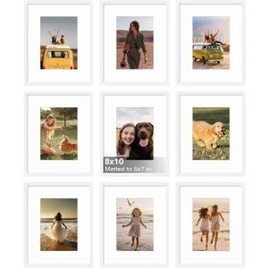 KINLINK 8x10 Picture Frame Set of 9, 10x8 Photo Frames with Plexiglass for 5x7 Pictures with Mat or 8x10 Without Mat, Art Collage for Wall Gallery and Tabletop Display, 8 x 10 Frame White
