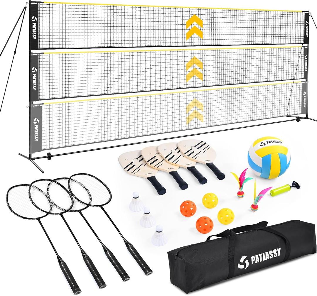 Volleyball Badminton Pickleball 3-in-1 Combo Net Set for Backyards, 5.1-7.4ft Adjustable Height Freestanding Indoor Sports Nets, Portable 17ft Outdoor Net with Carry Bag, Rackets and Balls