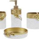 Hymmah Bathroom Accessories Set,Golden Design Toothbrush Holder,Farmhouse Bathroom Decor,4 Pcs Resin Gift Set Apartment Necessities, Contain Toothbrush Cup,Soap Dispenser,Soap Dish,Tumbler