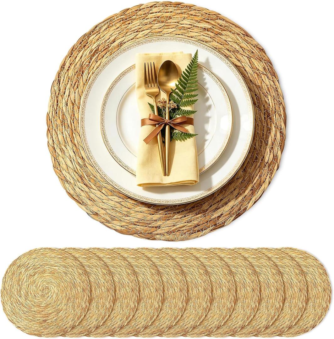 13 Inch Round Woven Placemats, Set of 12 Wicker Table Mats