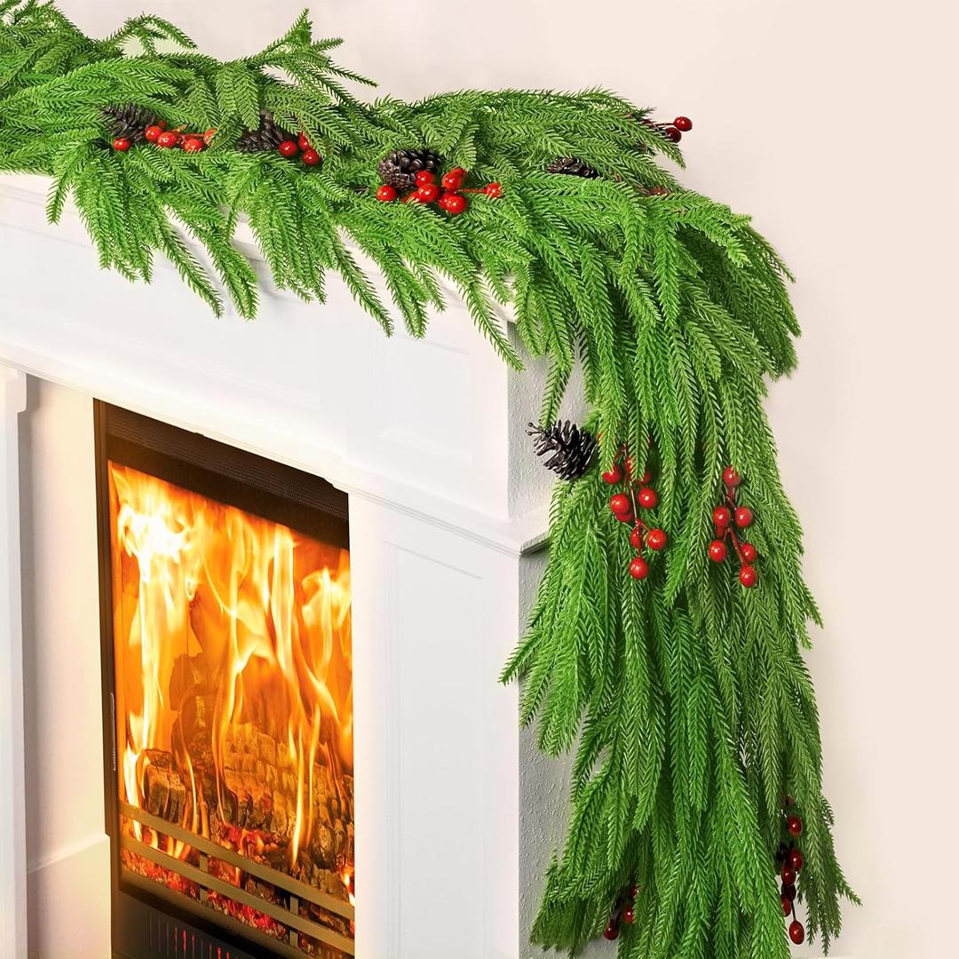 9 FT Christmas Norfolk Pine Garland Real Touch Artificial Greenery Garland Faux Pine Garlands for Mantel Fireplace Table Stairs Indoor Outdoor Christmas Decor, Bonus Gold Ribbon with LED Lights