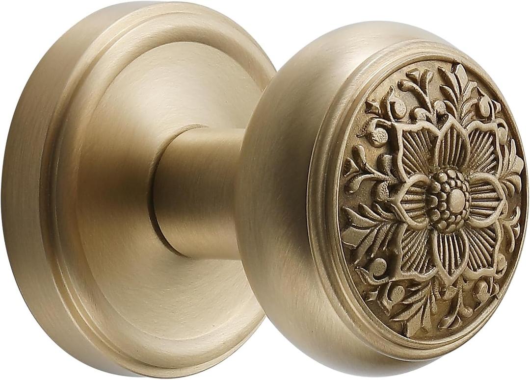 Antique Brass Door Knob with Intricate Floral Design Privacy Handles Elegant and Durable for Interior Doors, Classic Vintage Look for Home or Office Decor (Brushed Brass, Privacy-2.375 in)