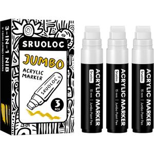 SRUOLOC 3 Jumbo Permanent Markers White, 15mm Thick Wide Tip, Large Acrylic Paint Markers for Rock Painting, Poster, Stone, Ceramic, Glass, Wood, Canvas