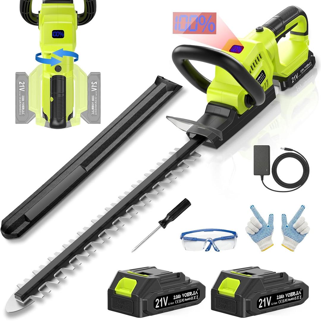 21V Hedge Trimmer Cordless with Battery, 20" Lightweight Electric Bush Trimmer, 2X 2.0Ah Batteries & LCD Display, 180 Rotating Handle, 3000RPM Dual-Action Blades, 2/3" Gap for Shrubs