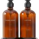 Amber Glass Soap Dispenser Set, Hand Soap and Lotion Set with Black Stainless Steel Pump, Perfect for Modern Bathroom Decor. (Amber)