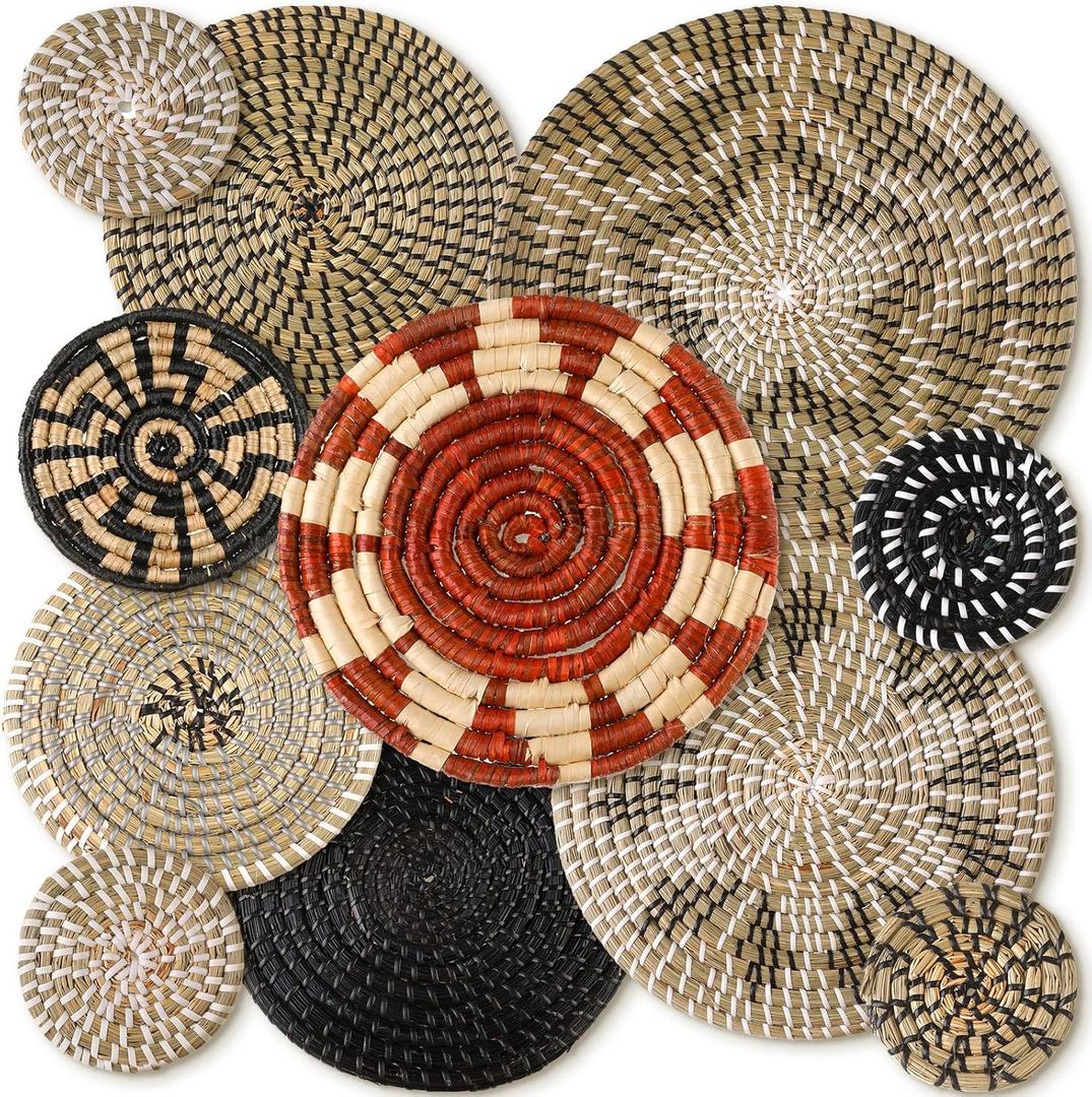 Tatuo 11 Pcs Boho Wall Basket Decor Decorative Bulrush Woven Basket Wall Decor Art Round Farmhouse Hanging Baskets for Kitchen Rustic Home Summer Decorations, Multi Sizes (Dark)