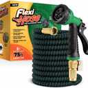 Flexi Hose with 8 Function Nozzle, 75FT - Lightweight Expandable Garden Hose, No-Kink Flexibility, 3/4 Inch Solid Brass Fittings and Double Latex Core - Black and Green