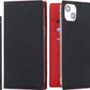 case for iPhone 14 and iPhone 13 Case Genuine Leather Wallet with Card Holder for Women Men Flip Folio Credit Card Slots Stand Shockproof Phone Cover-Black