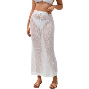 MakeMeChic Women's Crochet Skirt Swimsuit Cover Up Sheer Beach Skirts Swimwear (Medium, White)