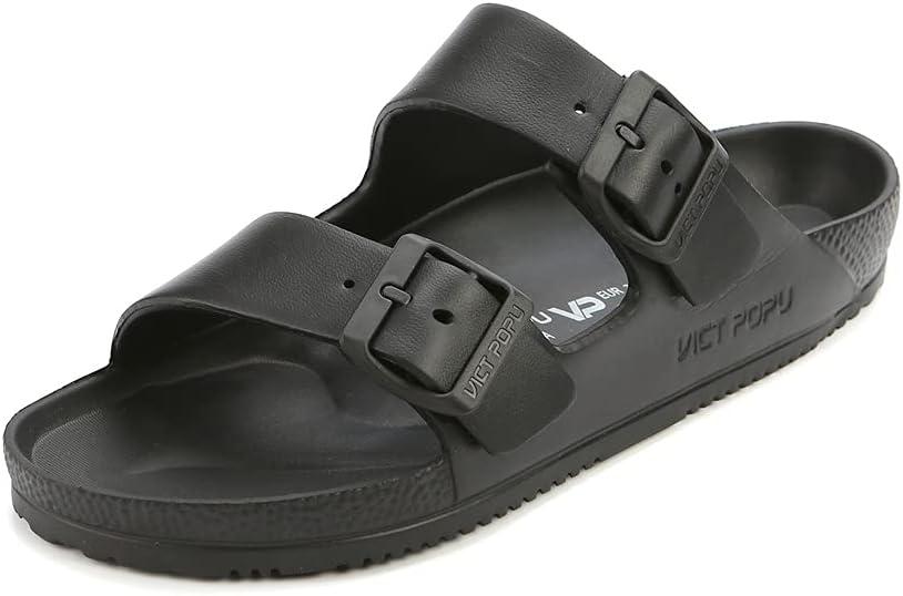 VICT POPU Womens Sandals Adjustable Double Buckle Strap Waterproof EVA Flat Slides (8, Black)