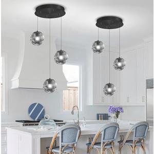 3-Light Black Pendant Light Fixtures Modern Smoke Gray Glass Globe Pendant Lights Kitchen Island Adjustable Hanging Lights Globe Stairwell Lighting Black Chandelier for Dining Room