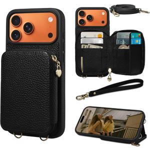 Keallce Case for iPhone 17 Pro Max 6.9'' Case Wallet, Crossbody Zipper Purse with RFID Blocking Card Slots Kickstand, Lanyard & Handstrap Flip Folio Leather Phone Cover for iPhone 17 Pro Max, Black