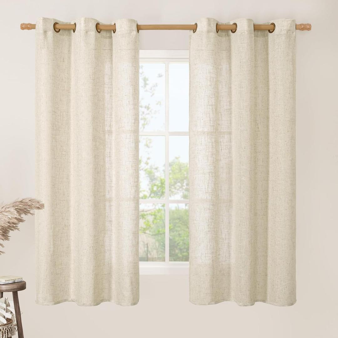 LAMIT Beige Linen Curtains 60 Inch Length for Kitchen, Light Filtering Short Drapes Bronze Grommet Window Treatment Panels for Bedroom/Small Windows, 2 Panels, 34 x 60 Inch