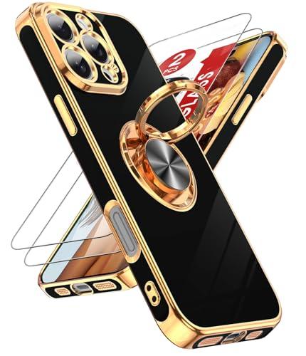 LeYi for iPhone 16 Pro Max Case: with 2 Pack Tempered Glass Screen Protector and 360° Rotatable Ring Holder Magnetic Kickstand, Plating Rose Gold Edge Protective for iPhone 16 Pro Max Case, Black