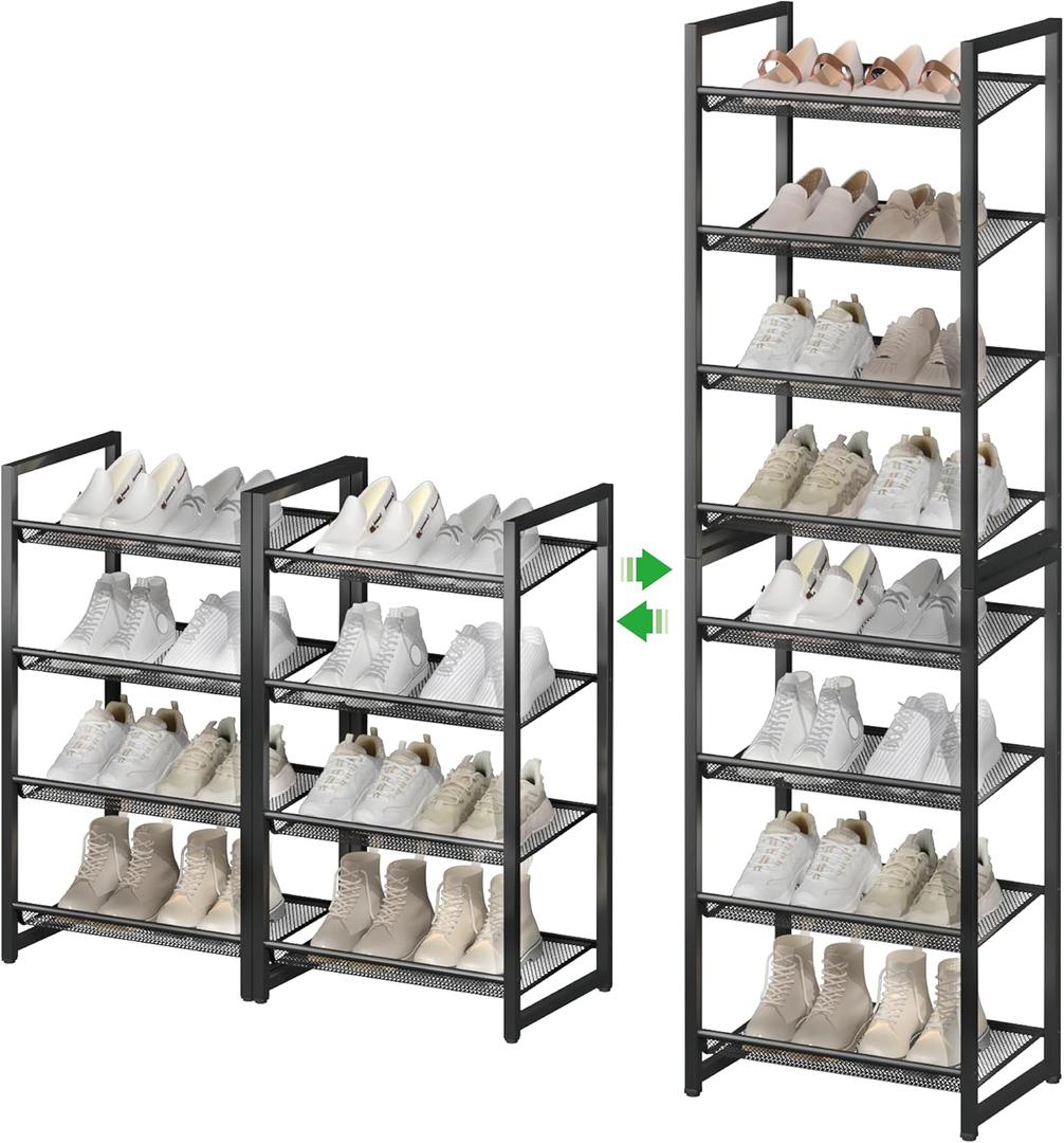 Metal Tall Shoe Rack, 8-Tier Stackable Shoe Shelf, with Adjustable Flat or Angled Shelves, 16-20 Pairsfor Entryway, Bedroom, Closet, Living Room, Black