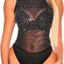 SEBOWEL Women Long Sleeves Mesh See Through Jumpsuit Bodysuit Top Leotard (Medium, 16# Black)