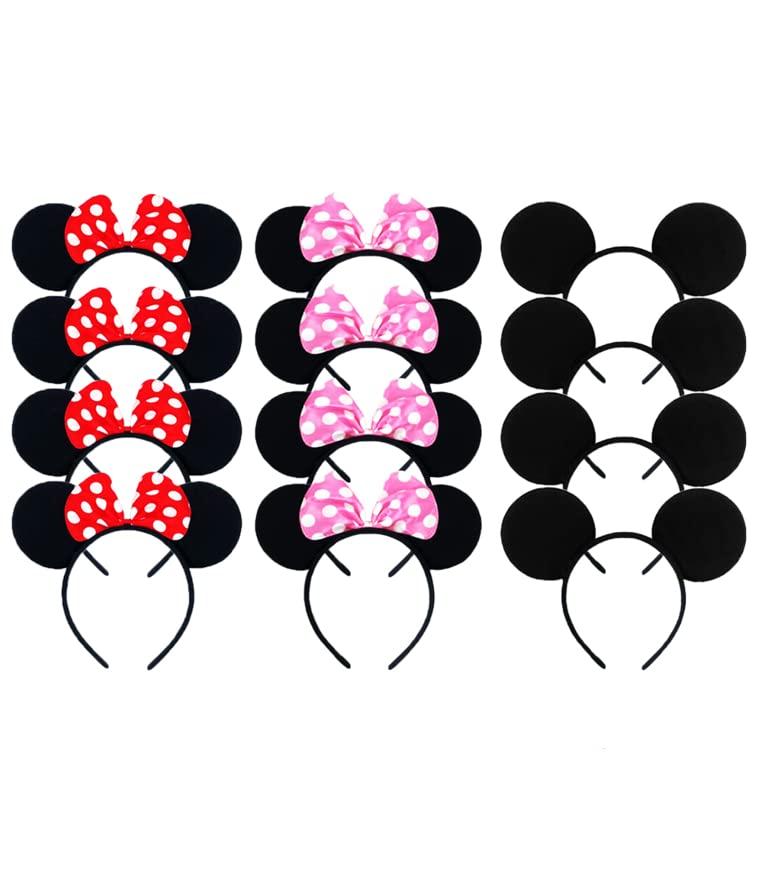 EUICAE Mouse Ears Headband Adult Headband Mouse Costume Solid Back Red Pink Bow for Birthday Party Theme Park Costume Play Celebration Pack of 12 (Black & Red & Pink)