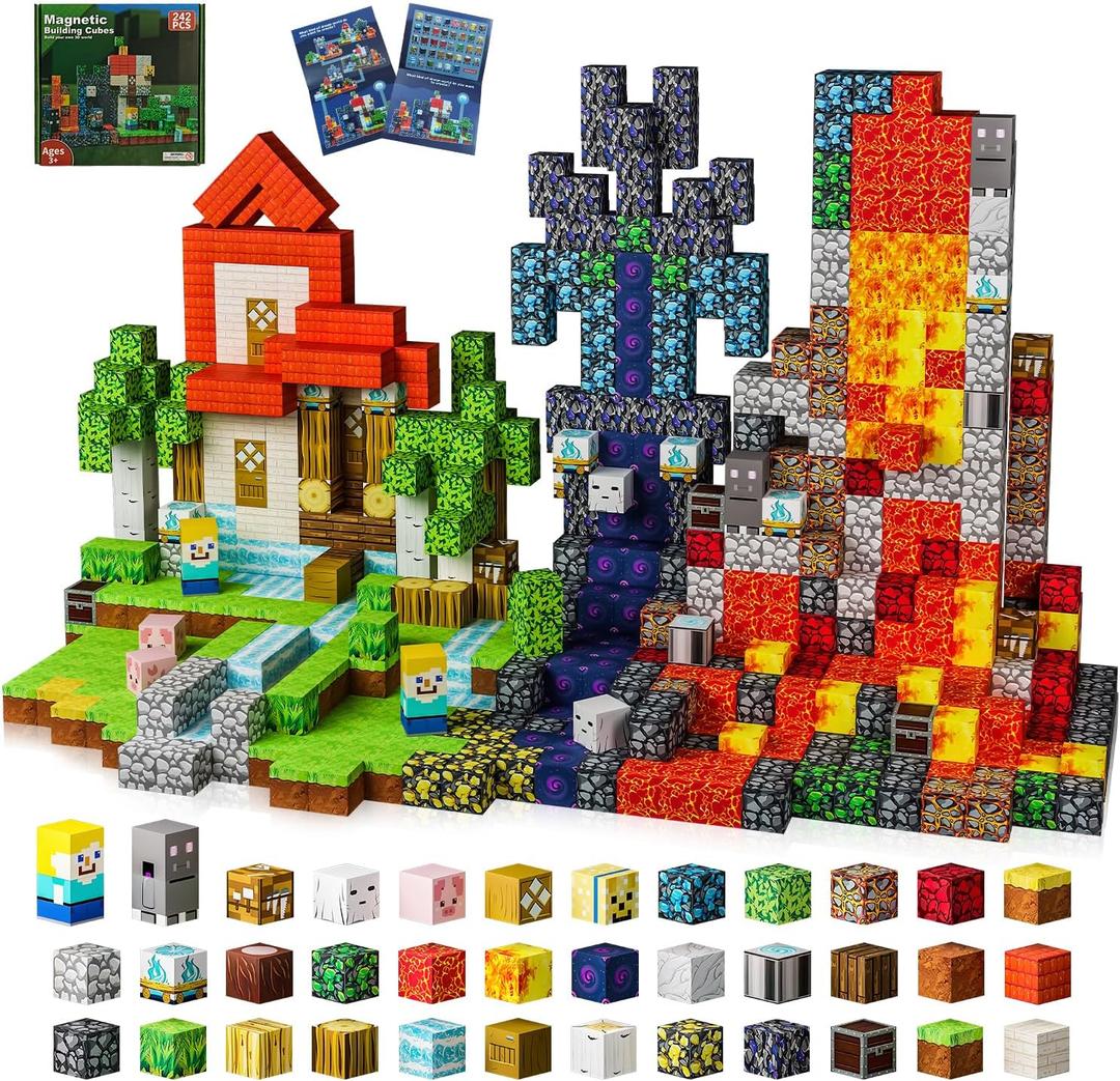 242 PCS 0.8 Inch Magnetic Blocks, STEM Sensory Toys with Storage Bag, Magnetic Building Blocks for Boys & Girls Age 3-8, Educational Stacking Magnets Cubes for Creativity, Birthday Gift for Ages 4-10 (Multicolor)