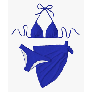 Women's 3 Piece Textured High Cut Halter Triangle Bikini Swimsuit with Cover Up, Size S
