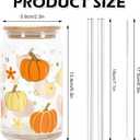Whaline 2 Pack Fall Drinking Glasses 16oz Pumpkin Flower Star Glass Cup Orange Apricot Pumpkin Iced Coffee Cup with Lid Straw for Autumn Thanksgiving Cocktail Whiskey Beer Soda