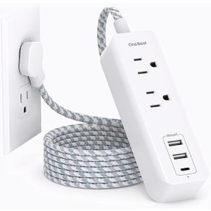 Cruise Essentials, USB C Travel Power Strip, Flat Plug Power Strip with 2 Outlets 3 USB Ports (1 USB C), 10ft Flat Extension Cord USB Charging Station, Non Surge Protector for Cruise, Travel, Home, White