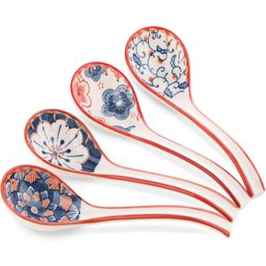 WHJY Asian Soup Spoon, Ceramic Ramen Spoon, Ramen Soup Spoon, Chinese Ceramic Spoons, Miso Soup Spoons Dumpling - Set of 4 Flora