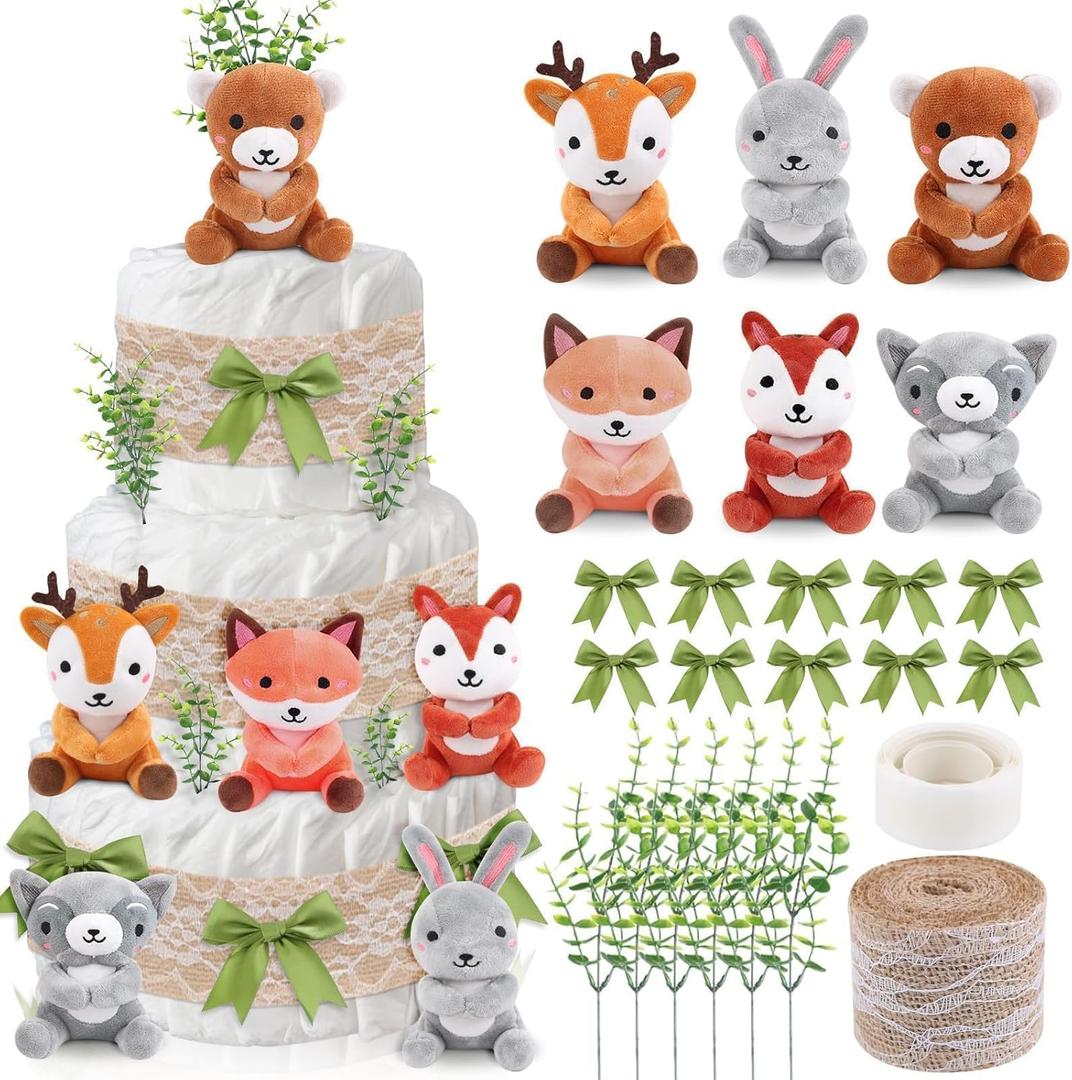 23 Pcs Diaper Cake Kit Woodland Creature Animals Party Diaper Cake Decor Mini Stuffed Forest Animals Jungle Animal Baby Shower Diaper Cake for Birthday Party Supplies Table Centerpiece Decoration