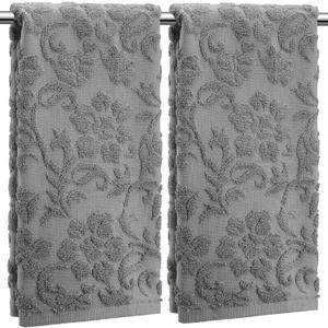 SmoothNovelty 2 Pcs Quality Floral Jacquard Hand Towels Set for Bathroom Gray Hand Towels 100% Cotton Absorbent Decorative Weave Bath Decor Neutral Bathroom Decor Gift, 13.7 x 29.5 Inch