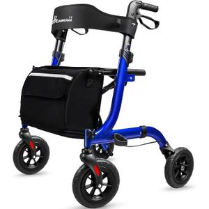 Rollator Walker for Seniors, Lightweight Foldable All Terrain Rolling Walker with seat, Aluminum Walkers with 8 inch Rubber Wheels, Handles and Backrest for Seniors and Adult (Blue)
