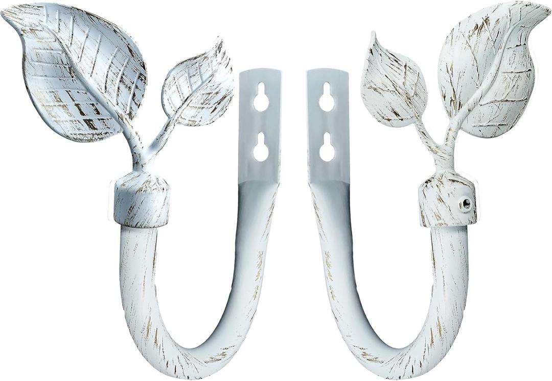 Leaf Shape Curtain Holdbacks Set of 2 Wall Mounted Window Drapery Metal Holdback Hooks for Living Room Bedroom White Brushed Gold