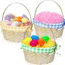 3 PCS Easter Bamboo Baskets with Plaid Lining and Handle Easter Bunny Gifts for Easter Egg Hunt, Kids Party Treats, Filling with Party Favors, Spring Party Favors, Outdoor Activity Prizes