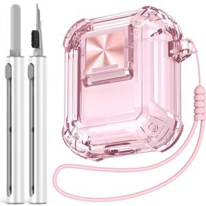Secure Lock for Airpods Cases, Clear Airpods 2nd Generation Case with Security Lock, TPU Material Airpods Case 1st Generation with Silicone Wrist Strap with Cleaning Kit - Clear Pink