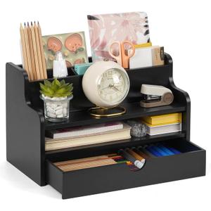 Dhmkfly Mail Organizer Countertop, 4 Slots Desk Organizer with Drawer and Shelf, Wooden Mail Sorter for Desk, Desktop File Holders for Storage Pens, Envelopes and Bills