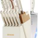 Knife Set,Astercook Kitchen Knife Set with Block 14-Piece Full Tang Stainless Steel Knives with Sharpener Dishwasher Safe and Anti-Slip Ergonomic Handle Elegant Cream White Utensils Set