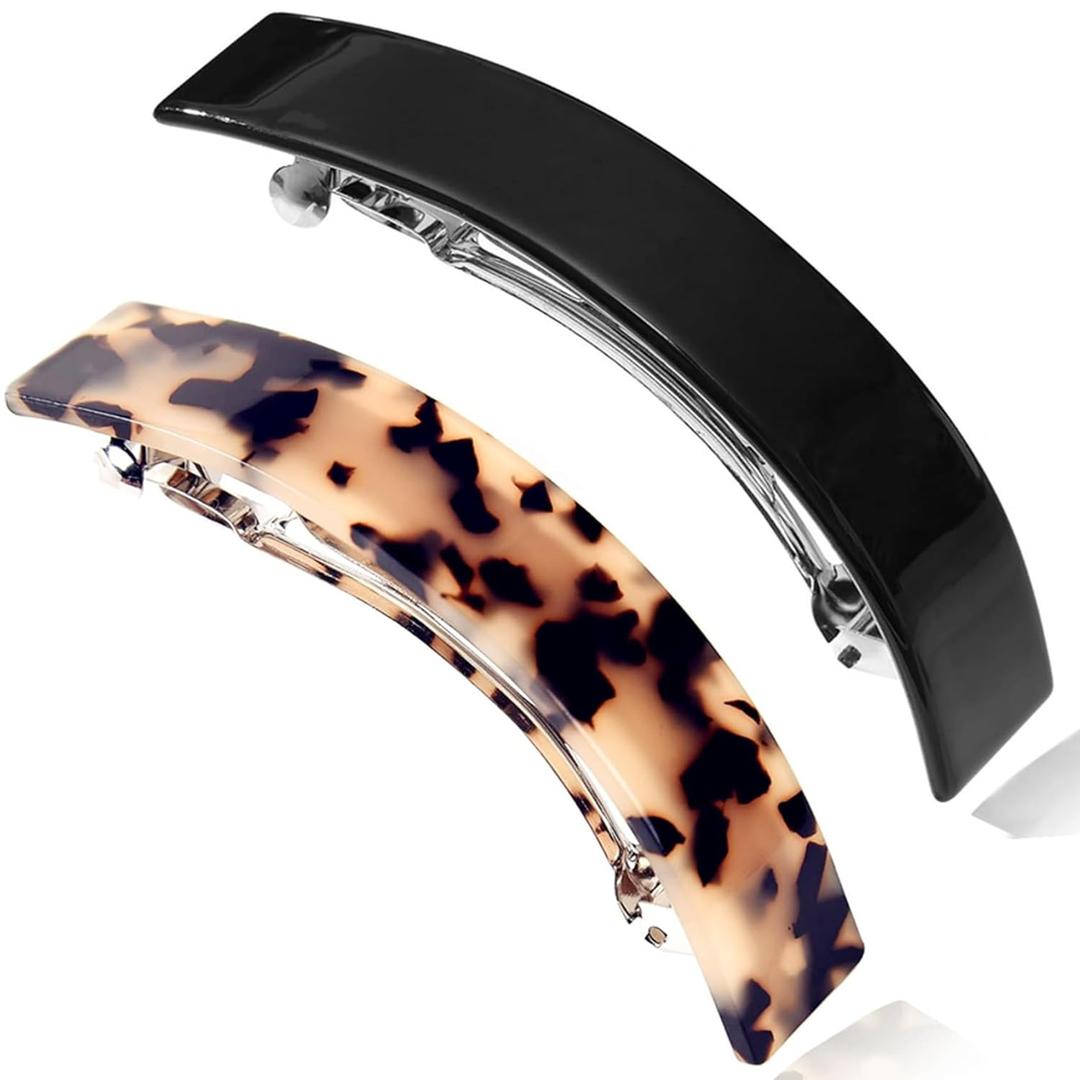 Eyegla Hair Barrettes for Women Large French Barrette Hair Clips Tortoise Shell Barrettes for Thick Hair,2 Pack (Ivory Tokyo/Black)