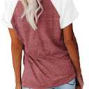 Womens Shirts Summer Henley V Neck Color Block Tshirts Raglan Short Sleeve Casaul Trendy Tops (Red)