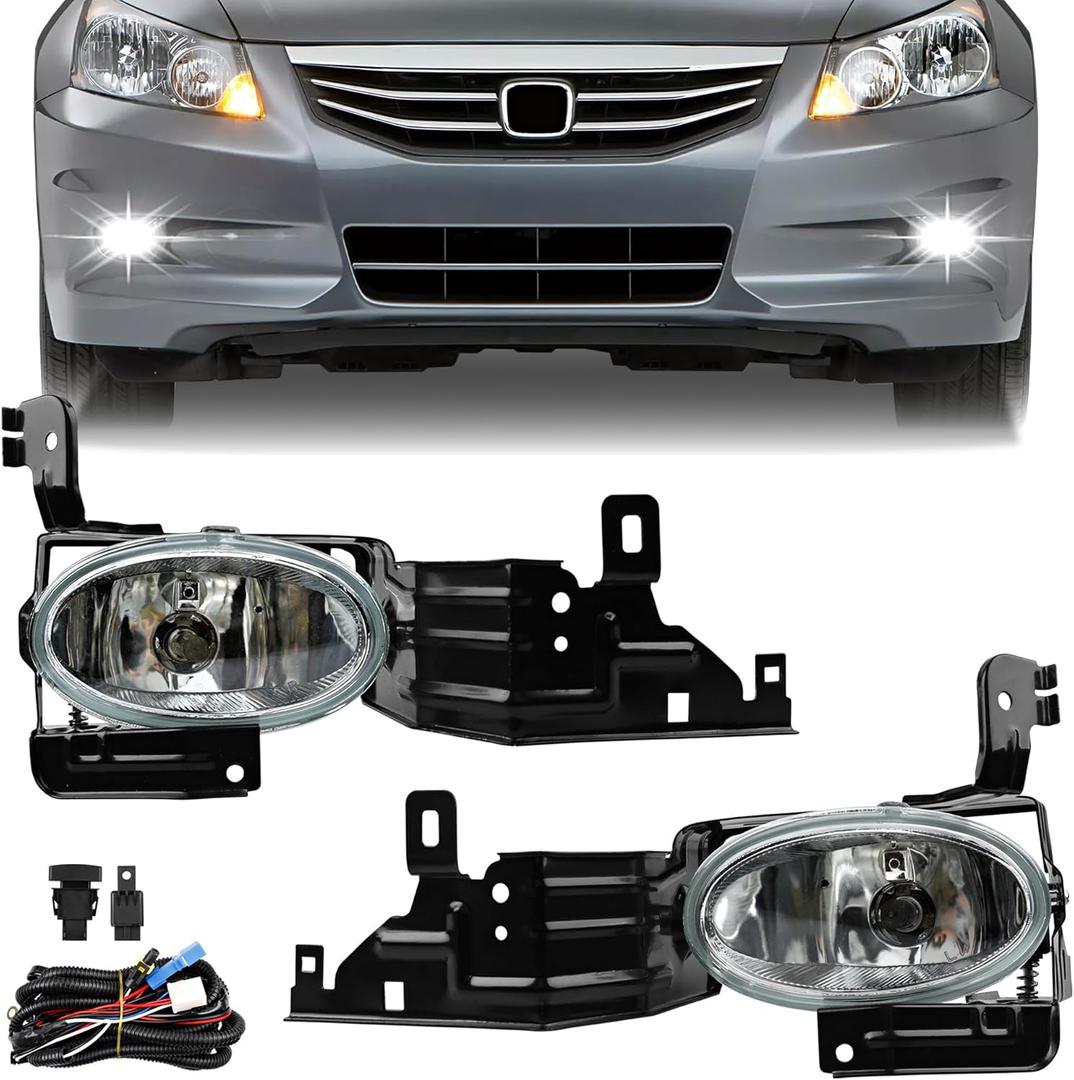 Fog Lights - Front Fog Lamps Assembly Compatible with 2011-2012 Honda Accord Sedan EX EX-L HFP LX SE - Fog Light Replacement Kit with Clear Lens, Bulbs, Switch, and Wiring Harness