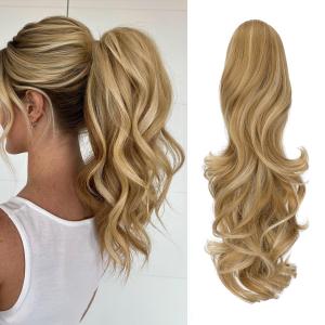 FELENDY Ponytail Extension Claw 18" 20" Curly Wavy Straight Clip in Hairpiece One Piece A Jaw Long Pony Tails for Women (Light Ginger Mix Bleach Blonde,Curly)