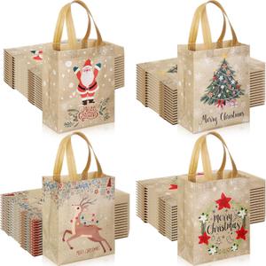 Woanger 60 Pcs Christmas Gift Bags Bulk 10 x 8 x 4 Inch Christmas Party Favors Bags Bulk Reusable Non-woven Tote Treat Goodie Candy Pouch for Xmas Holiday Party Decorations, Santa Claus, Elk, Tree