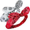 2 Pieces Bandana Headband for Women, Knot Retro Print Bandana Paisley Print Headband Adjustable Headwrap(Red, White)