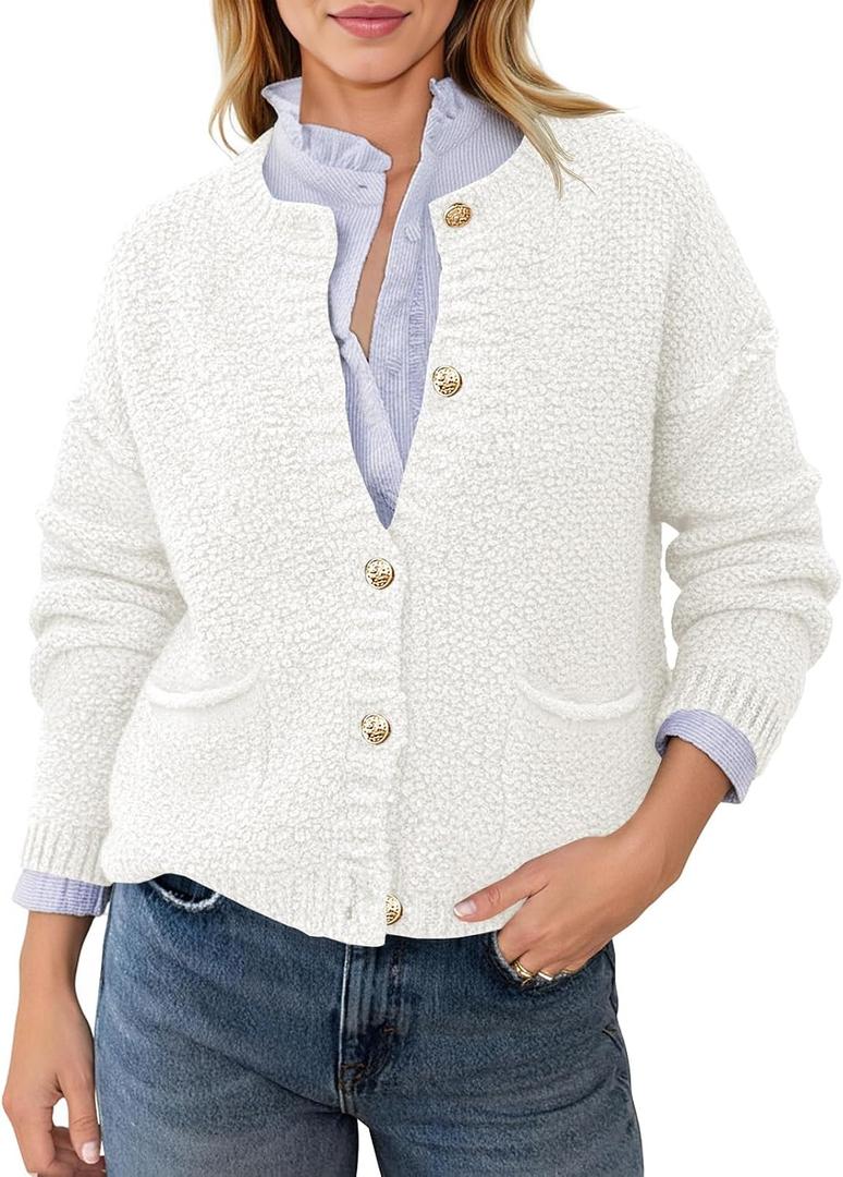 Saodimallsu Women's Chunky Knit Cardigan Button Down Crewneck Long Sleeve Cropped Sweater with Pockets (White, M)